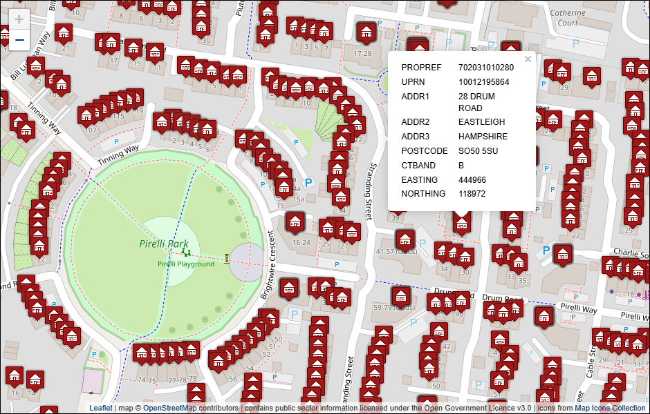 Screenshot of geocoded Eastleigh Borough Council address data visualised in Leaflet with background mapping from OpenStreetMap