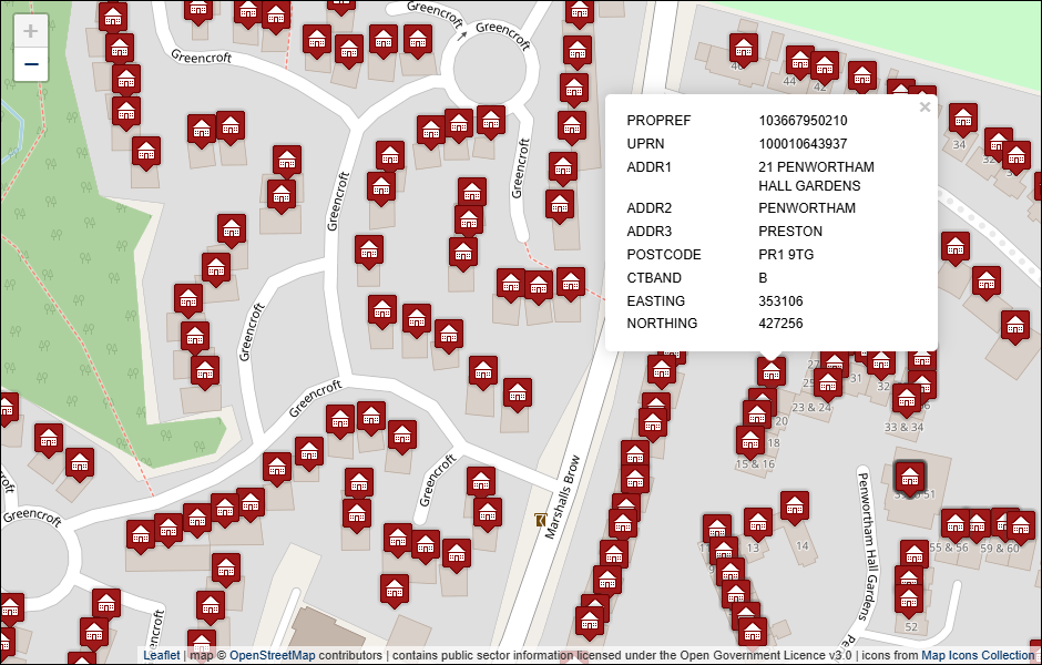 Screenshot of geocoded South Ribble Borough Council address data visualised in Leaflet with background mapping from OpenStreetMap