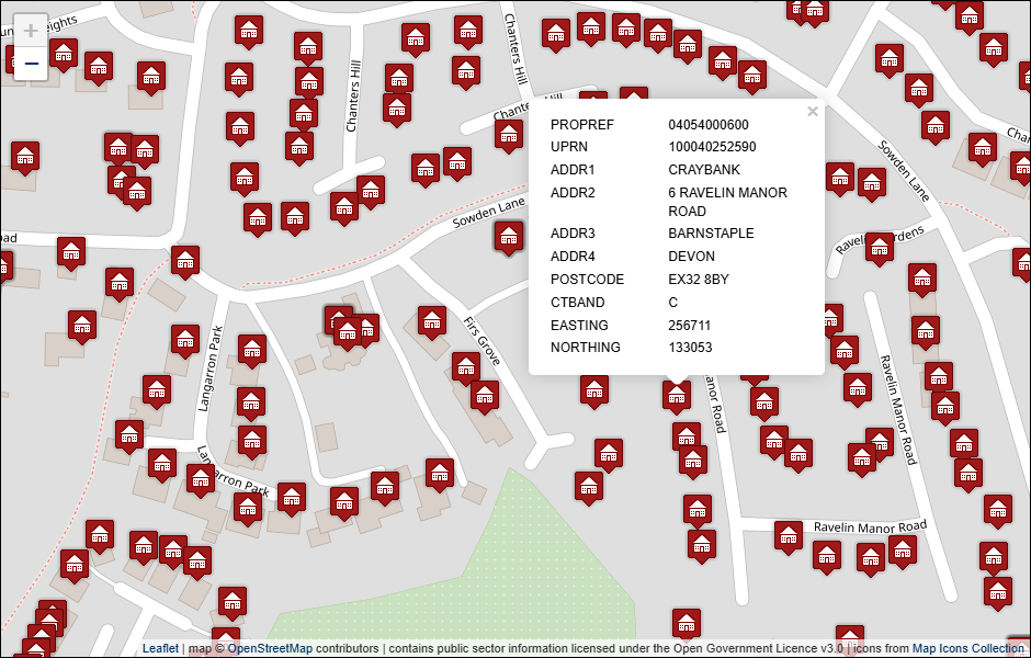 Screenshot of geocoded North Devon Council address data visualised in Leaflet with background mapping from OpenStreetMap