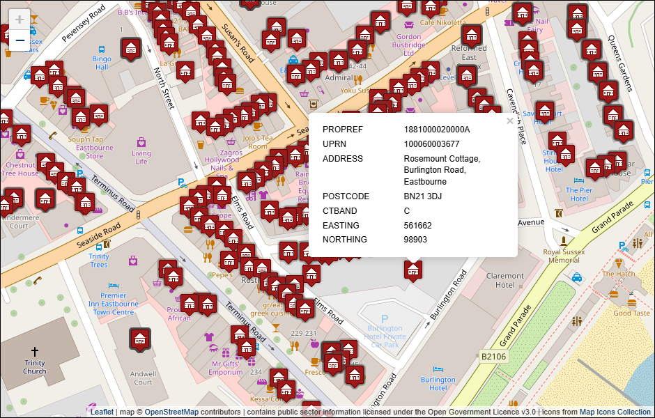 Screenshot of geocoded Eastbourne Council address data visualised in Leaflet with background mapping from OpenStreetMap