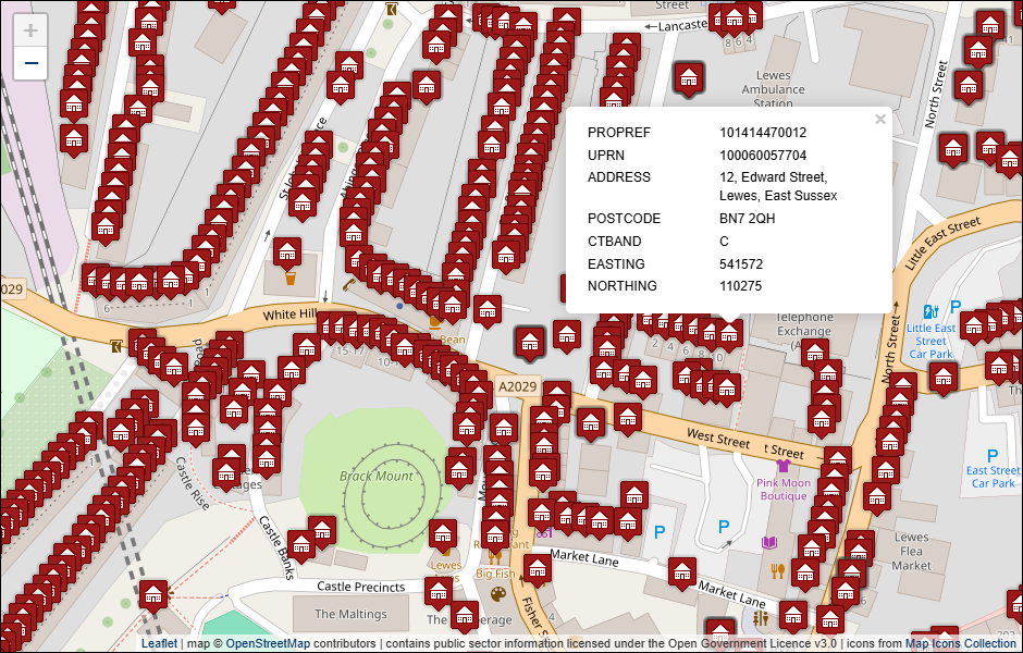 Screenshot of geocoded Lewes District Council address data visualised in Leaflet with background mapping from OpenStreetMap
