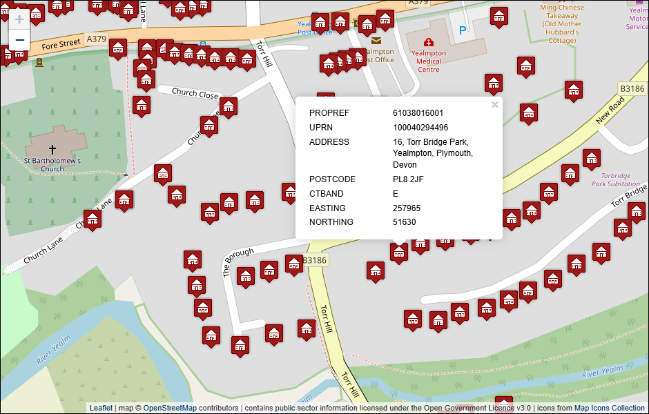 Screenshot of geocoded South Hams District Council address data visualised in Leaflet with background mapping from OpenStreetMap
