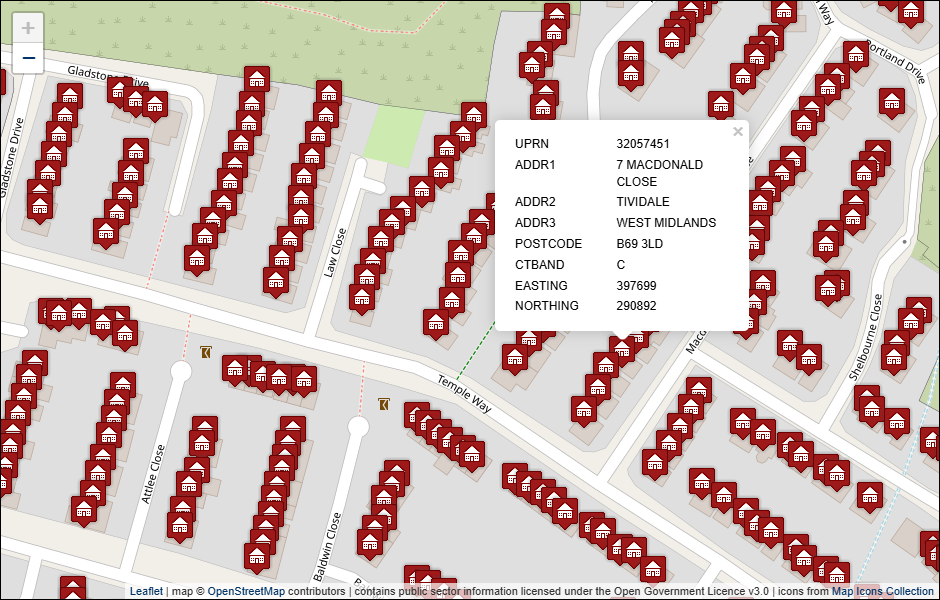 Screenshot of geocoded Sandwell Metropolitan Borough Council address data visualised in Leaflet with background mapping from OpenStreetMap