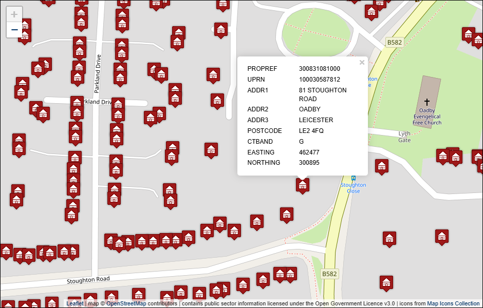 Screenshot of geocoded Oadby and Wigston Borough Council address data visualised in Leaflet with background mapping from OpenStreetMap