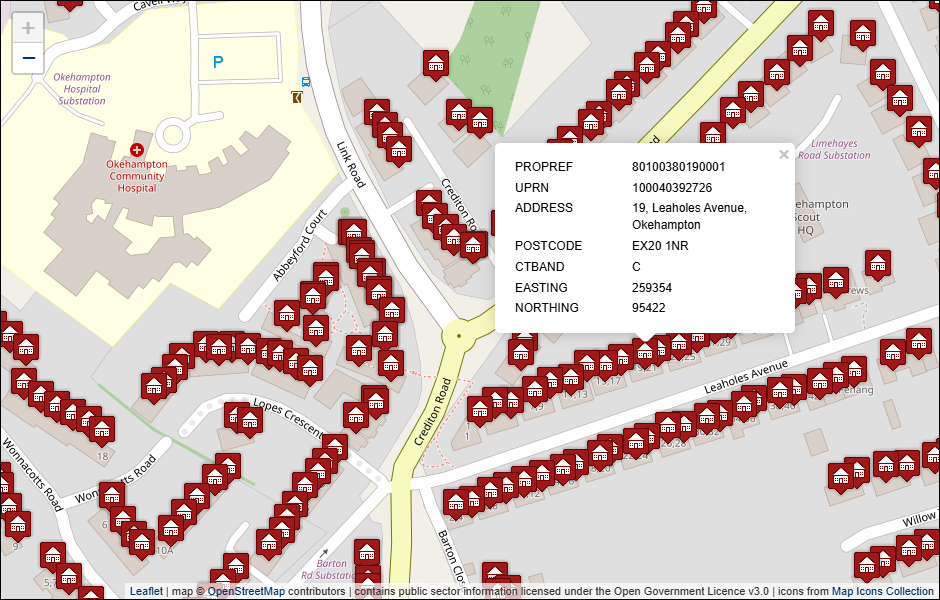 Screenshot of geocoded West Devon Borough Council address data visualised in Leaflet with background mapping from OpenStreetMap