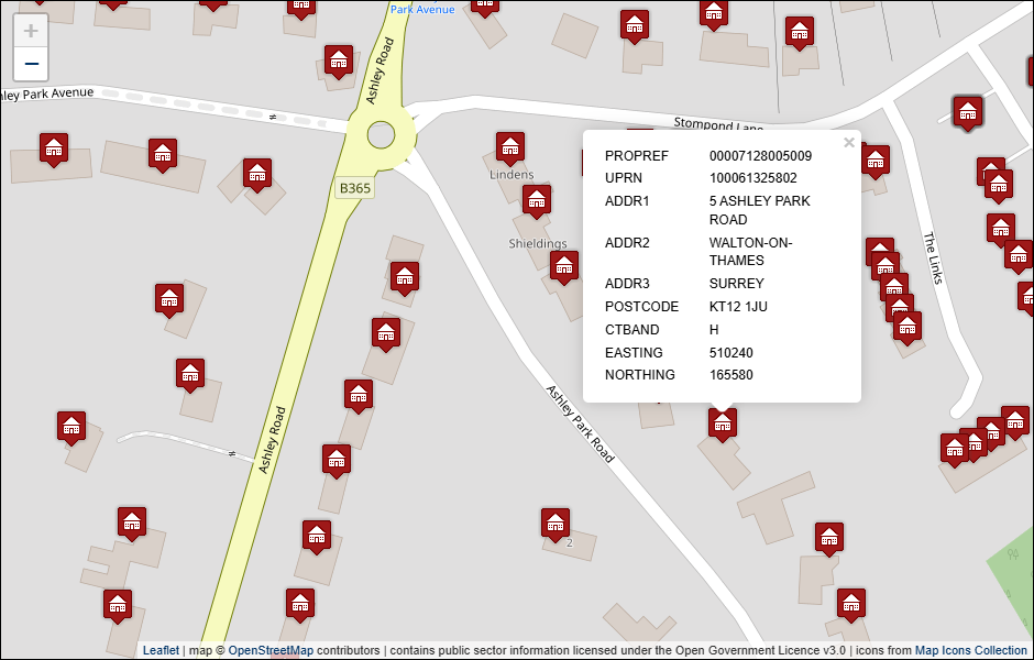 Screenshot of geocoded Elmbridge Borough Council address data visualised in Leaflet with background mapping from OpenStreetMap