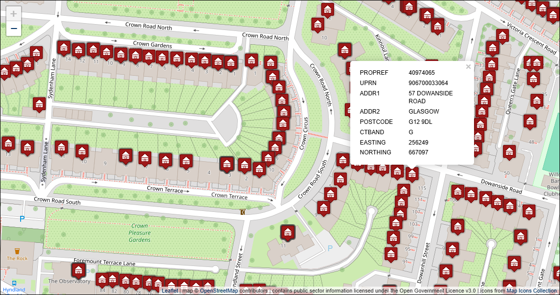 Screenshot of geocoded Glasgow City Council address data visualised in Leaflet with background mapping from OpenStreetMap