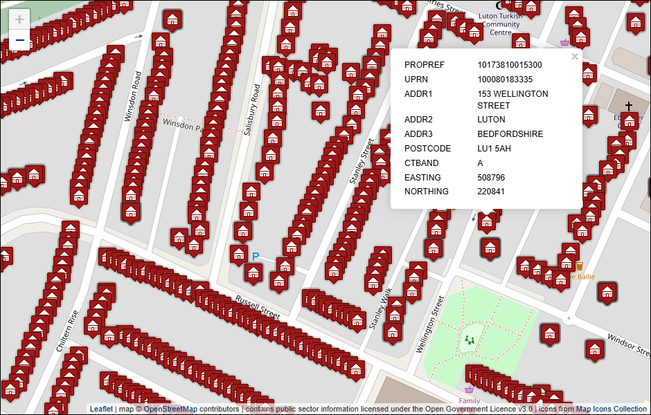 Screenshot of geocoded Luton Council address data visualised in Leaflet with background mapping from OpenStreetMap