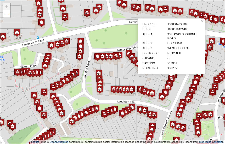 Screenshot of geocoded Horsham District Council address data visualised in Leaflet with background mapping from OpenStreetMap