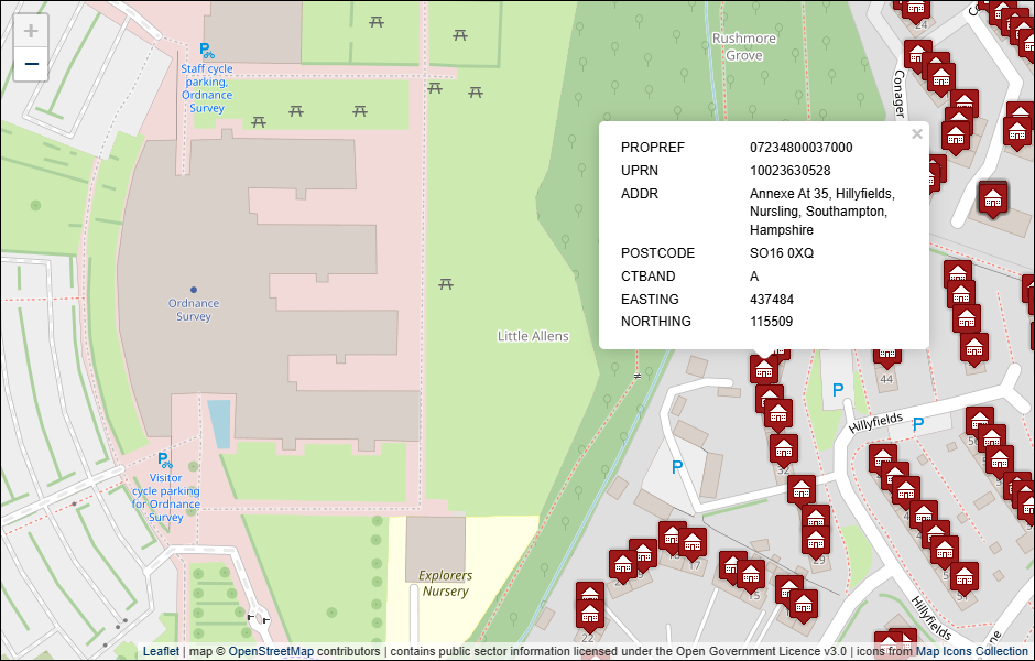 Screenshot of geocoded Test Valley Borough Council address data visualised in Leaflet with background mapping from OpenStreetMap